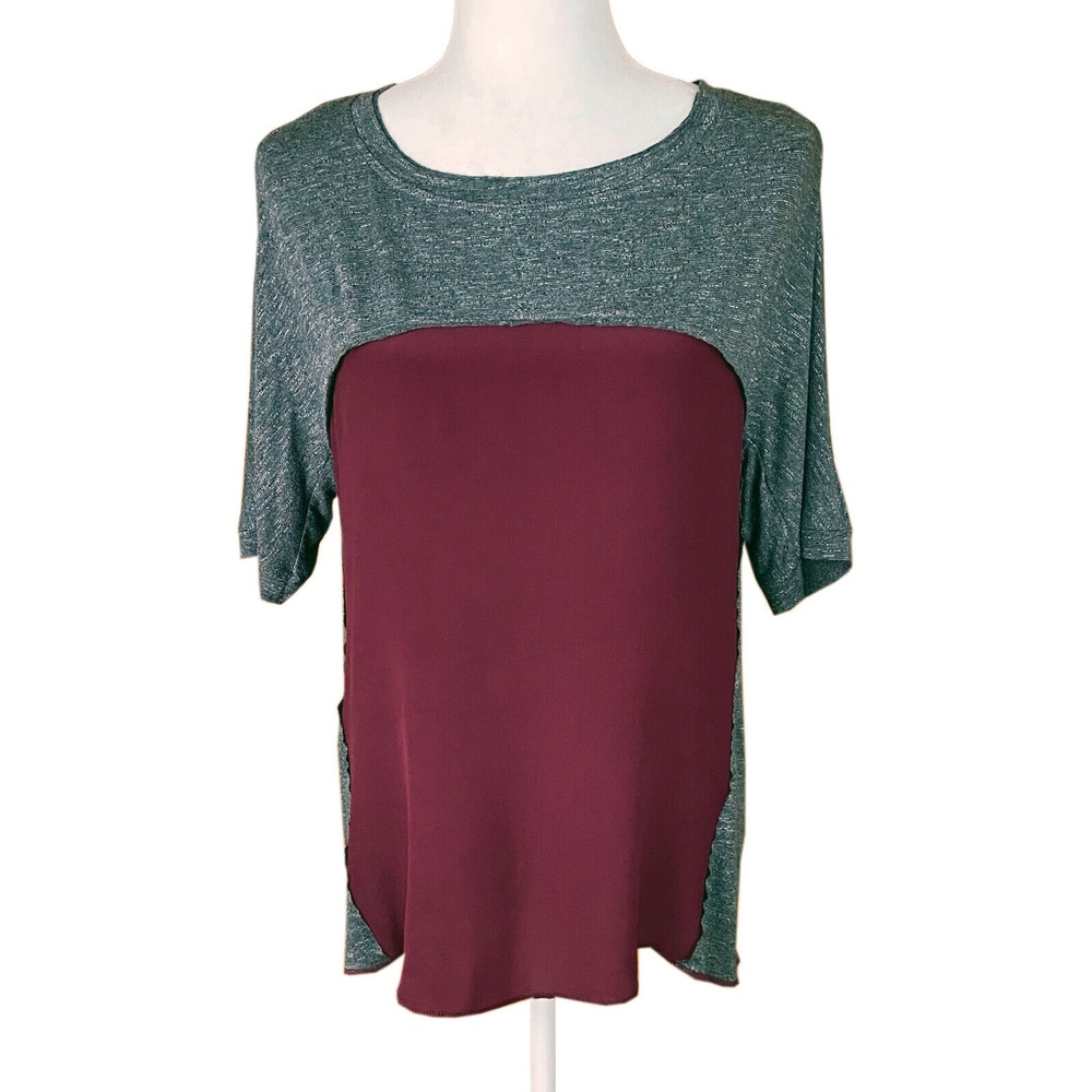 Dolan Anthropologie Mixed Media T-Shirt Size S Gray Burgundy Silk Short Sleeves